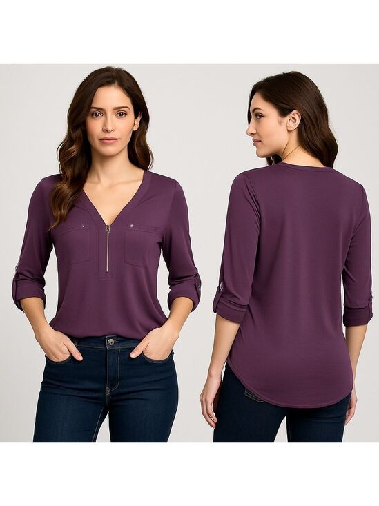 Fortune + Ivy Tops - FORTUNE + IVY🍇 Women’s Zip-Front V-Neck Blouse 👠💜 Size S – Style #1733M6D